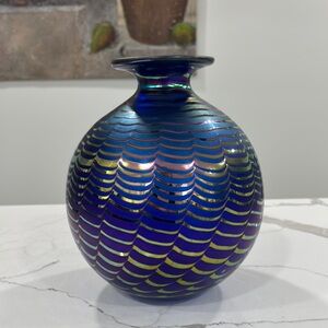 Artist Signed Iridescent Purple Blue Art Glass Blown Vase Sphere Shape
